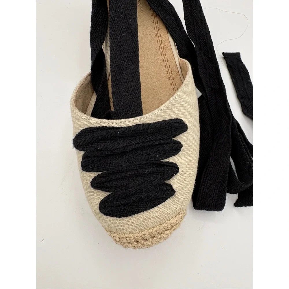 Corina Womens Espadrille Wedge Sandals Beige Black Ribbon Ankle Tie Size 40